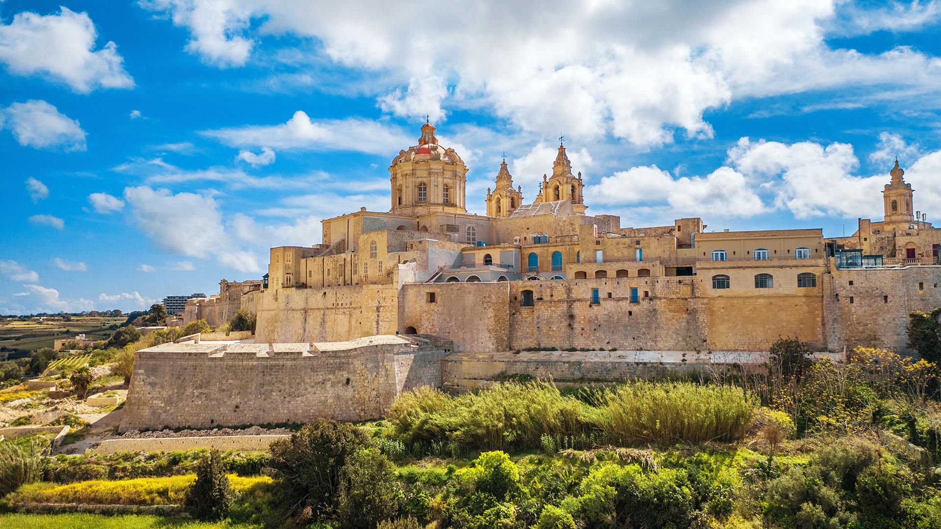 Cité fortifiée de Mdina à Malte, avec murailles couleur miel, clochers et végétation au premier plan.