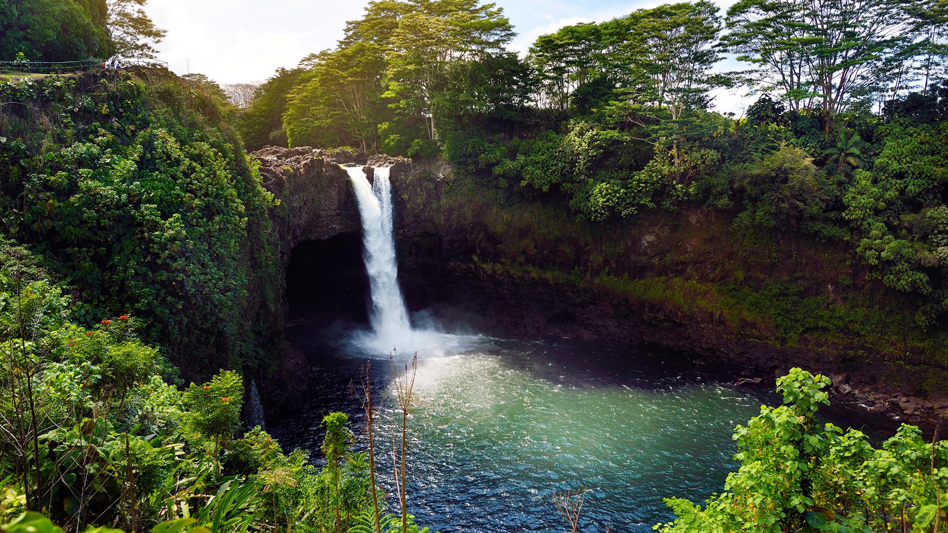 Akaka Falls, a spectacular waterfall near Hilo, Hawaii, surrounded by lush tropical vegetation under a blue sky.