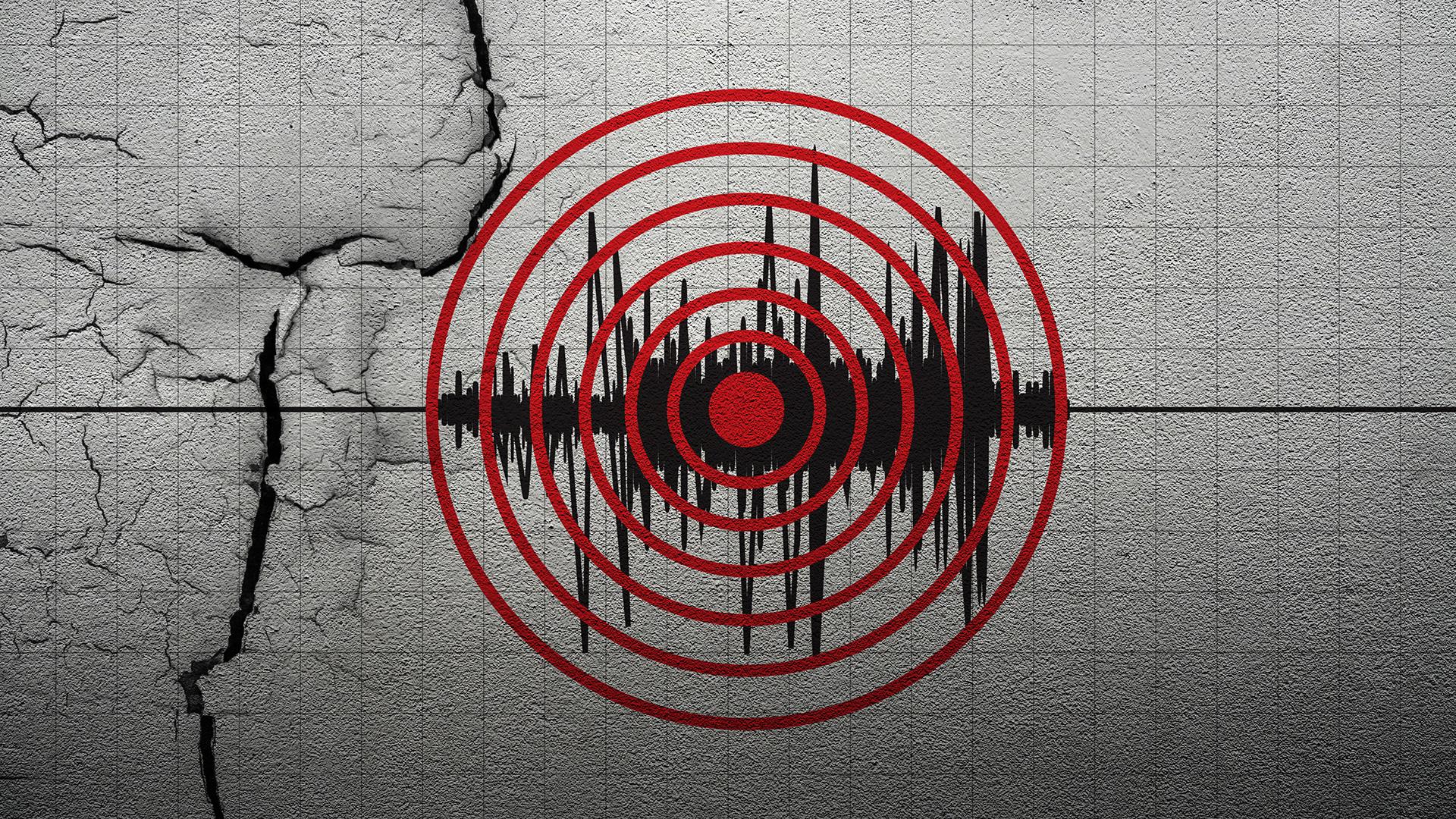 Earthquake shockwaves illustrated with red concentric circles