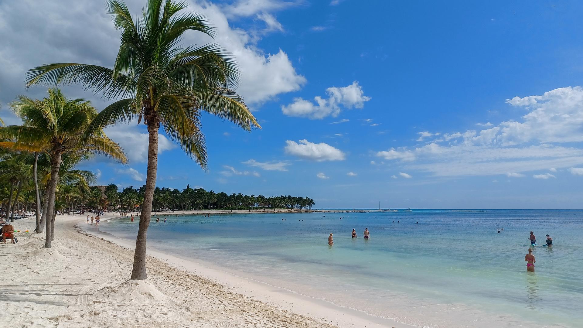 Plage de sable blanc de Playa del Carmen, bordée de palmiers et d’eau turquoise dans laquelle des touristes se baignent.