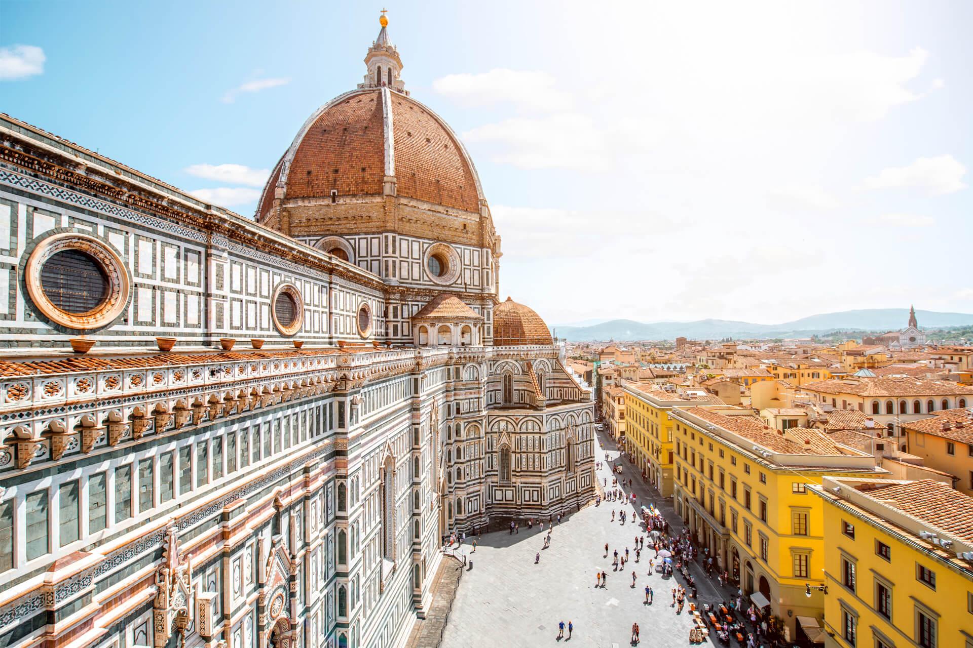 Aerial view of Santa Maria del Fiore Cathedral, Brunelleschi’s dome, and the rooftops of Florence.