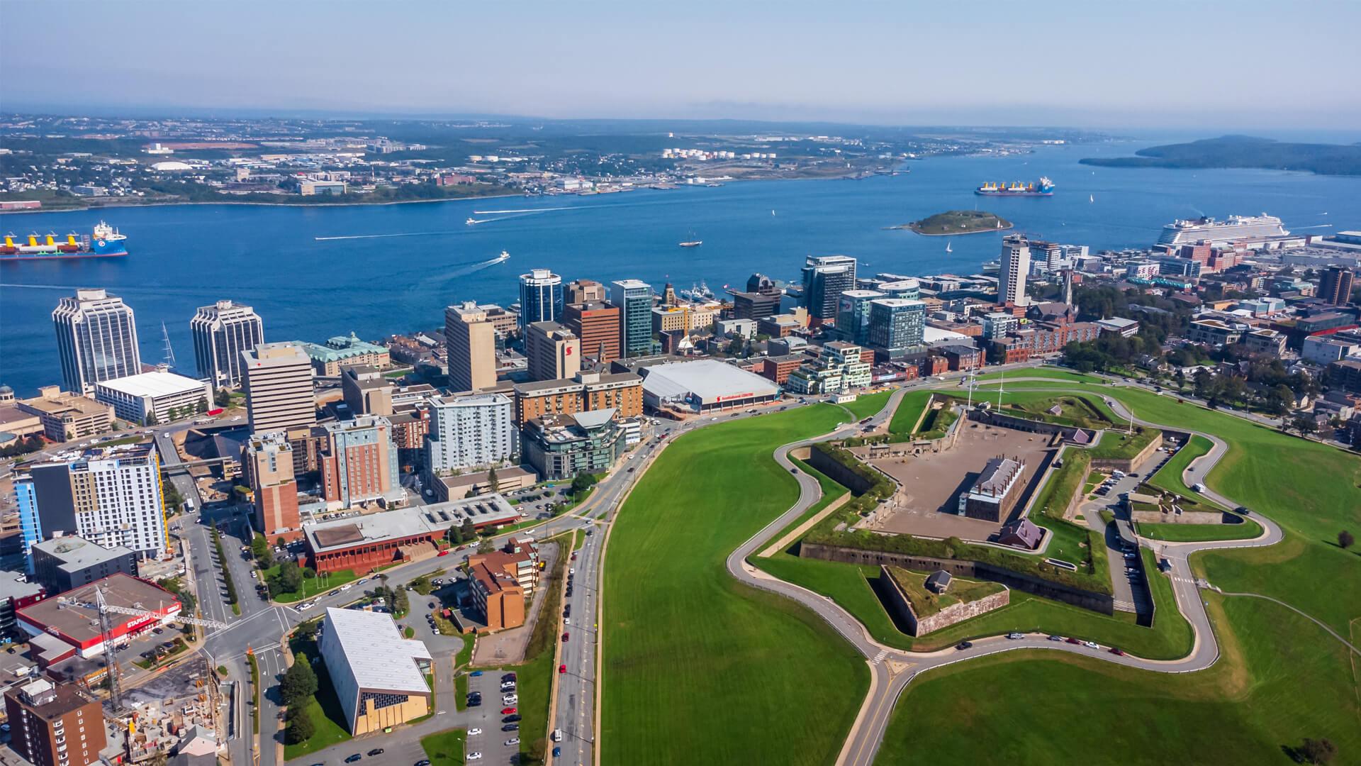 Aerial view of Halifax showing the Citadel, waterfront, and harbour on Canada’s Atlantic coast.