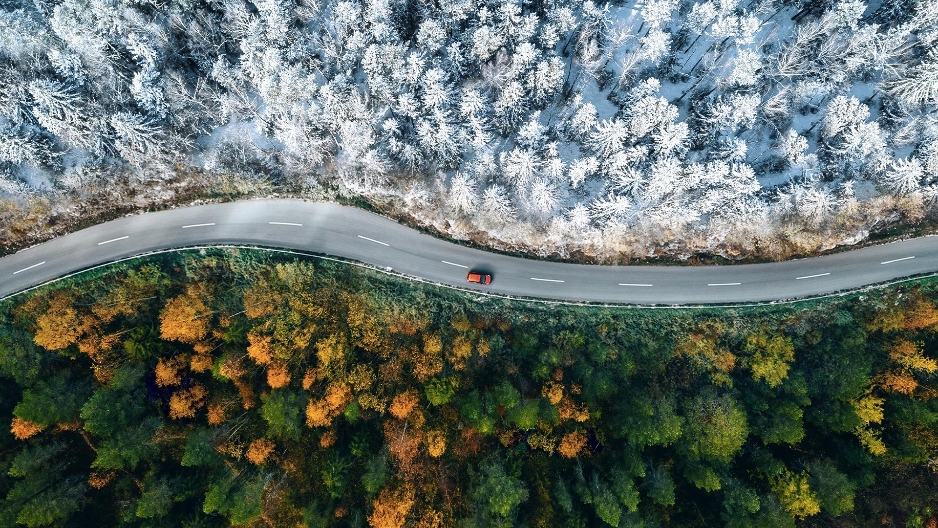 Une voiture roule sur une route sinueuse, entre montagne et forêt.